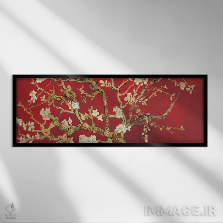 تابلو شکوفه بادام بر زمینه قرمز اثر ونسان ون گوگ (نقاش مشهور هلندی پستامپرسیونیسم) - نمای قابدار مشکی