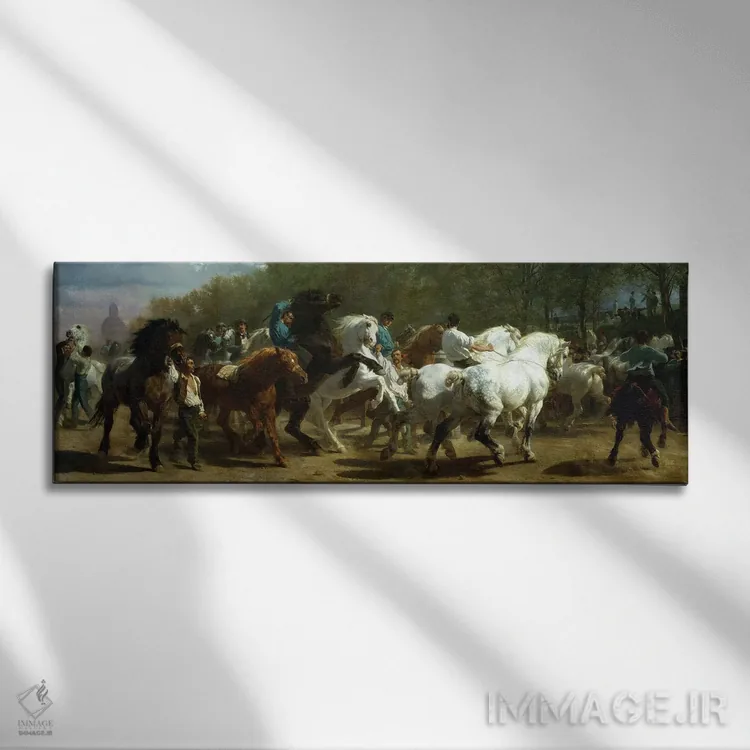 تابلو نمایشگاه اسبها، ۱۸۵۲–۵۵ (روغن روی بوم) اثر روزا بونوور (نقاش فرانسوی) - نمای روبهرو روی دیوار