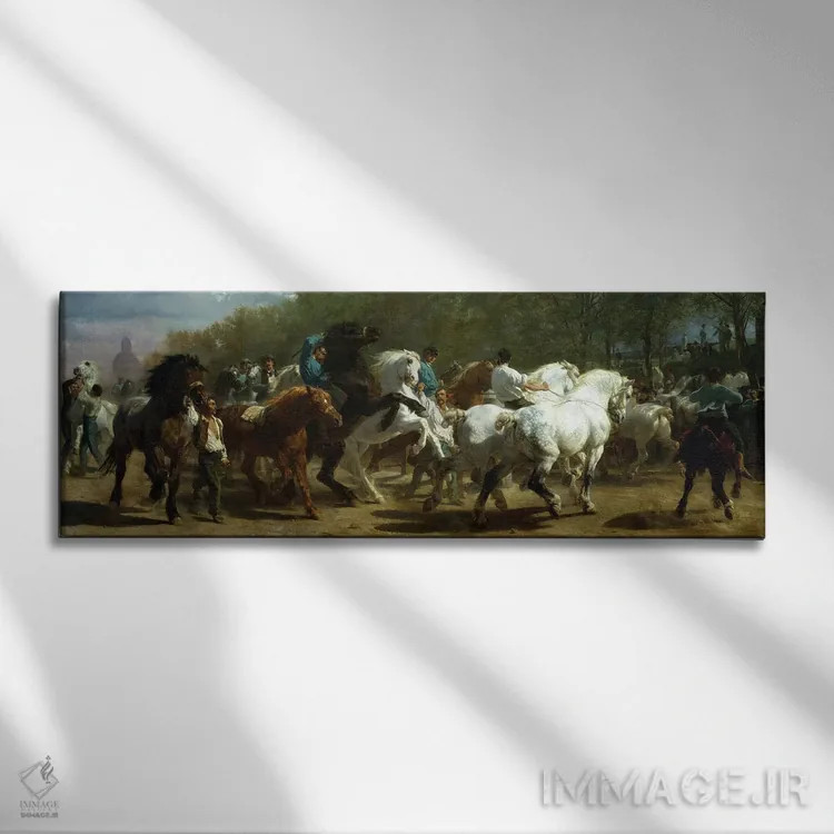 تابلو نمایشگاه اسبها، ۱۸۵۲–۵۵ (روغن روی بوم) اثر روزا بونوور (نقاش فرانسوی) - نمای روبهرو روی دیوار