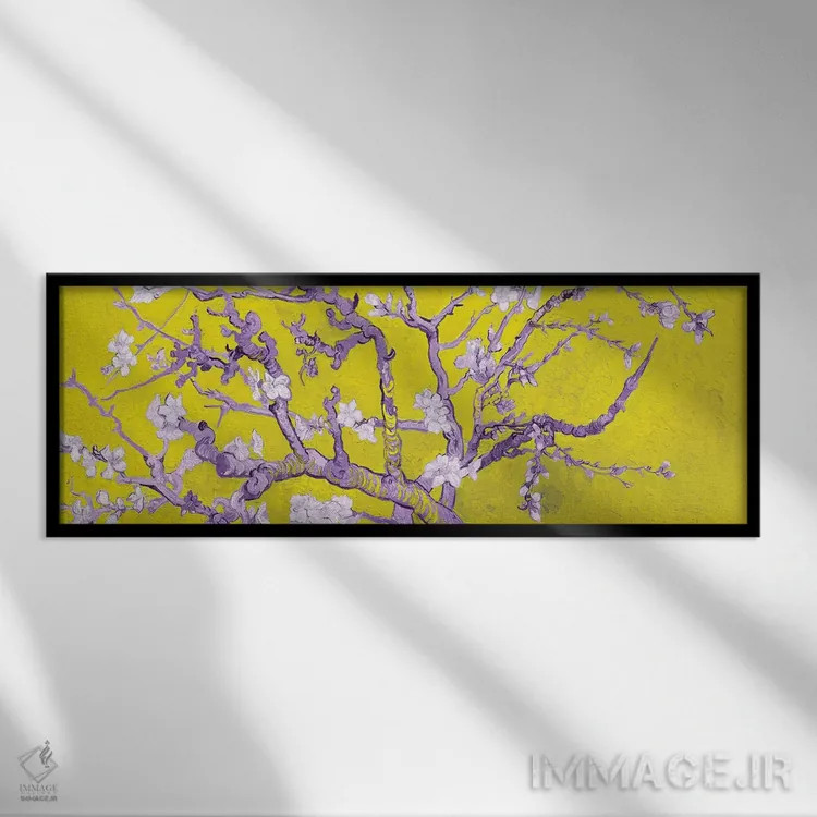 تابلو شکوفه بادام بر زمینه زرد اثر ونسان ون گوگ (نقاش مشهور هلندی پستامپرسیونیسم) - نمای قابدار مشکی
