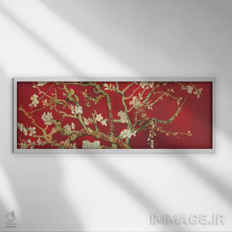 تابلو شکوفه بادام بر زمینه قرمز اثر ونسان ون گوگ (نقاش مشهور هلندی پستامپرسیونیسم) - نمای قابدار سفید