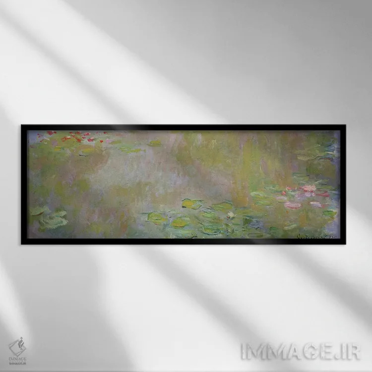 تابلو نیلوفرهای آبی در ژیورنی، ۱۹۱۷ اثر کلود مونه (نقاش معروف فرانسوی) - نمای قابدار مشکی