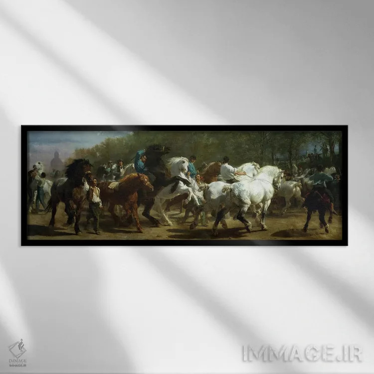 تابلو نمایشگاه اسبها، ۱۸۵۲–۵۵ (روغن روی بوم) اثر روزا بونوور (نقاش فرانسوی) - نمای قابدار مشکی