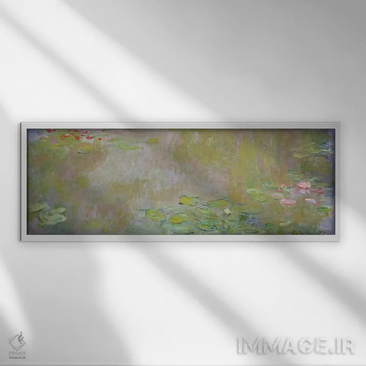 تابلو نیلوفرهای آبی در ژیورنی، ۱۹۱۷ اثر کلود مونه (نقاش معروف فرانسوی) - نمای قابدار سفید