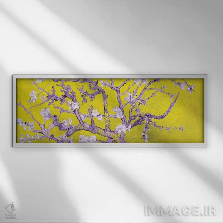 تابلو شکوفه بادام بر زمینه زرد اثر ونسان ون گوگ (نقاش مشهور هلندی پستامپرسیونیسم) - نمای قابدار سفید