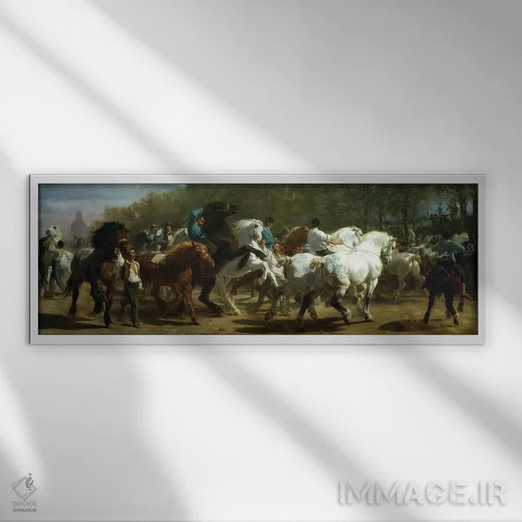 تابلو نمایشگاه اسبها، ۱۸۵۲–۵۵ (روغن روی بوم) اثر روزا بونوور (نقاش فرانسوی) - نمای قابدار سفید