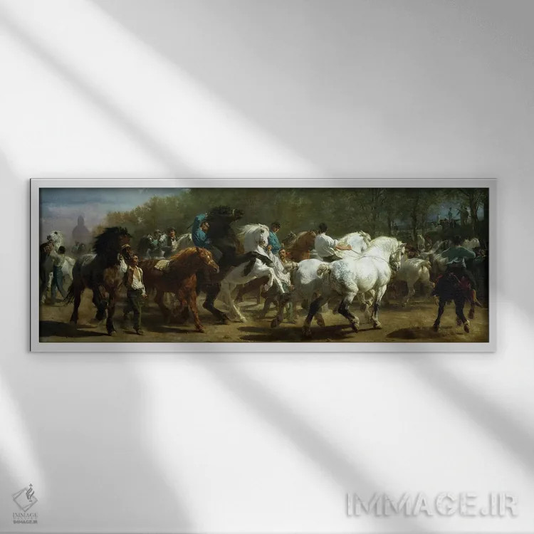 تابلو نمایشگاه اسبها، ۱۸۵۲–۵۵ (روغن روی بوم) اثر روزا بونوور (نقاش فرانسوی) - نمای قابدار سفید