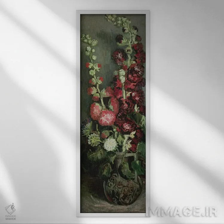 تابلو گلدان گل ختمی، ۱۸۸۶ اثر ونسان ون گوگ (نقاش مشهور هلندی پستامپرسیونیسم) - نمای قابدار سفید