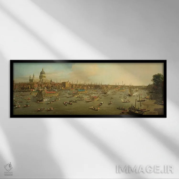 تابلو c.1747-8,رودخانه تیمز با کلیسای جامع سنت پل در روز شهردار لندن، حدود ۱۷۴۷-۴۸ اثر کانالتو (نقاش ایتالیایی ونیزی منظره) - نمای قابدار مشکی