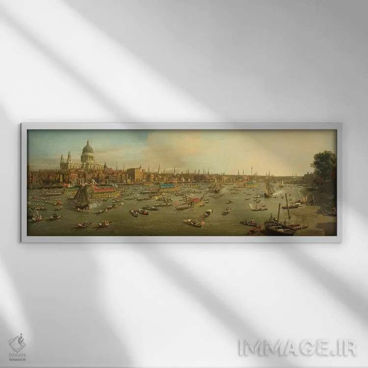 تابلو c.1747-8,رودخانه تیمز با کلیسای جامع سنت پل در روز شهردار لندن، حدود ۱۷۴۷-۴۸ اثر کانالتو (نقاش ایتالیایی ونیزی منظره) - نمای قابدار سفید