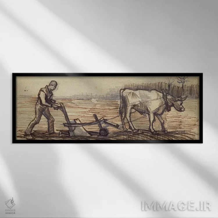 تابلو from a series of four drawings representing the four seasons,در حال شخمزنی، از مجموعهای چهارگانه برای نمایش فصلها اثر ونسان ون گوگ (نقاش مشهور هلندی پستامپرسیونیسم) - نمای قابدار مشکی