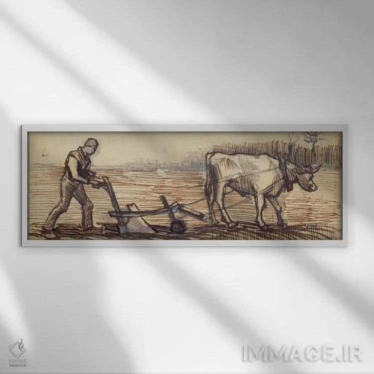 تابلو from a series of four drawings representing the four seasons,در حال شخمزنی، از مجموعهای چهارگانه برای نمایش فصلها اثر ونسان ون گوگ (نقاش مشهور هلندی پستامپرسیونیسم) - نمای قابدار سفید