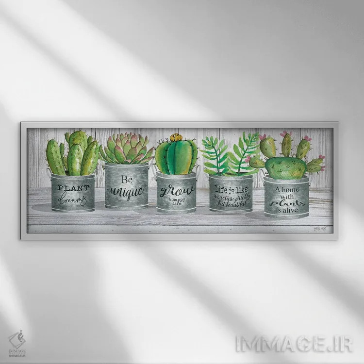 تابلو گلدان گالوانیزه با ساکولنت I اثر سیندی جیکوبز - نمای قابدار سفید