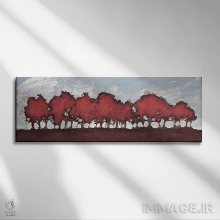 تابلو غروب ردیف درختان در رنگ قرمز اثر دن منیلی - نمای روبهرو روی دیوار