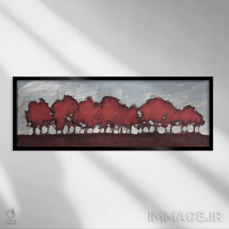 تابلو غروب ردیف درختان در رنگ قرمز اثر دن منیلی - نمای قابدار مشکی