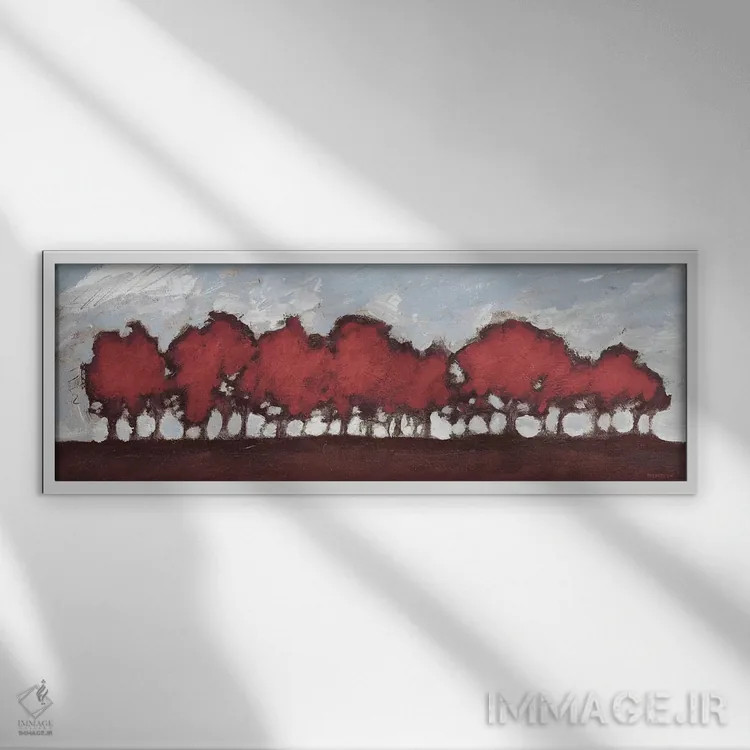 تابلو غروب ردیف درختان در رنگ قرمز اثر دن منیلی - نمای قابدار سفید