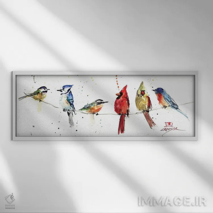 تابلو پرندگان روی سیم اثر باور کراوزر - نمای قابدار سفید