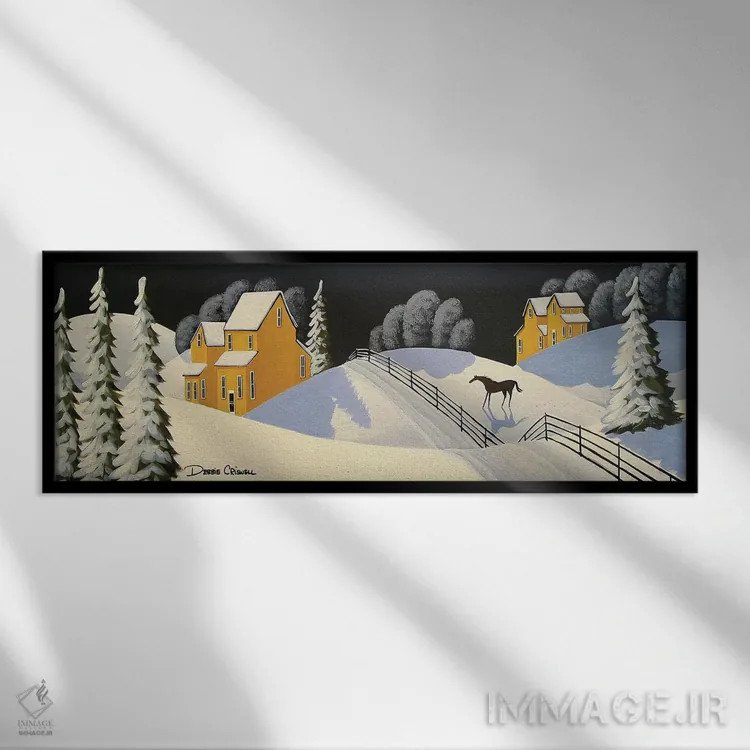 تابلو زمستان زیبای روستایی اثر دبی کریسول - نمای قابدار مشکی