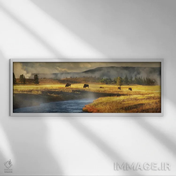 تابلو منظره پانورامای گاومیش و رودخانه اثر دنیس فراتس - نمای قابدار سفید