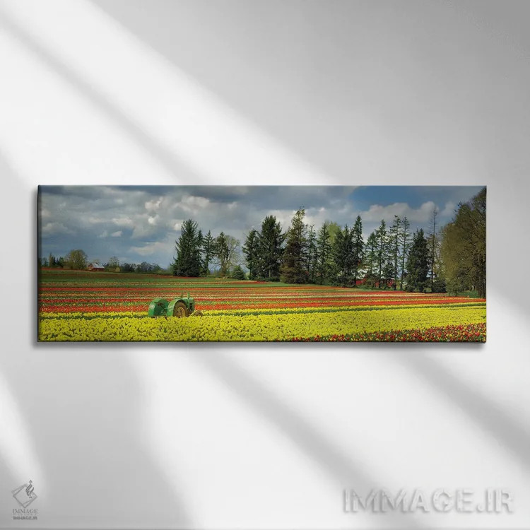 تابلو پانورامای تراکتور و لالهها اثر دنیس فراتس - نمای روبهرو روی دیوار