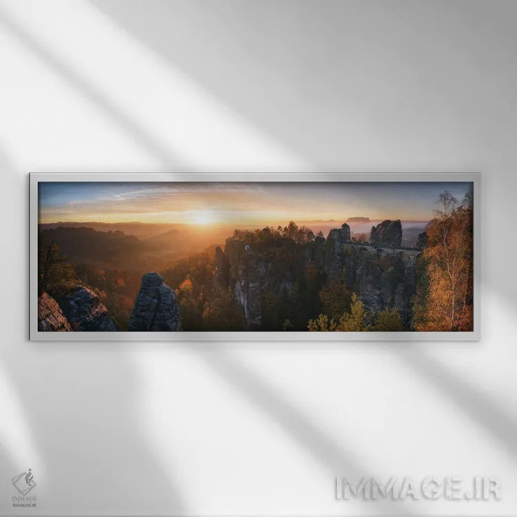 تابلو پانورامای طلوع طلایی در شرق آلمان اثر دنیل گاستاگر - نمای قابدار سفید