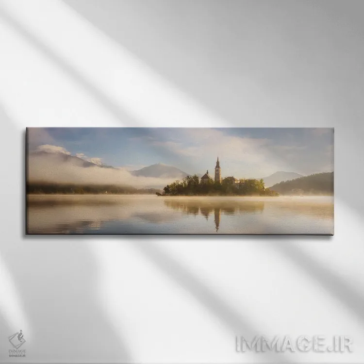 تابلو پانورامای طلوع طلایی در دریاچه بلد (اسلوونی) اثر دنیل گاستاگر - نمای روبهرو روی دیوار