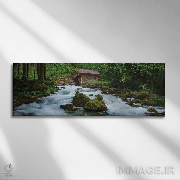 تابلو کلبهای کنار جویبار وحشی جنگلی در اتریش اثر دنیل گاستاگر - نمای روبهرو روی دیوار