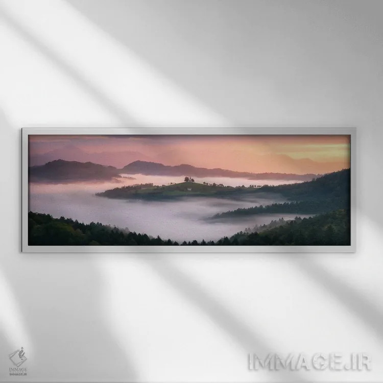 تابلو طلوع طلایی پاییزی در تپههای اسلوونی اثر دنیل گاستاگر - نمای قابدار سفید