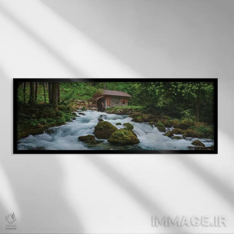 تابلو کلبهای کنار جویبار وحشی جنگلی در اتریش اثر دنیل گاستاگر - نمای قابدار مشکی