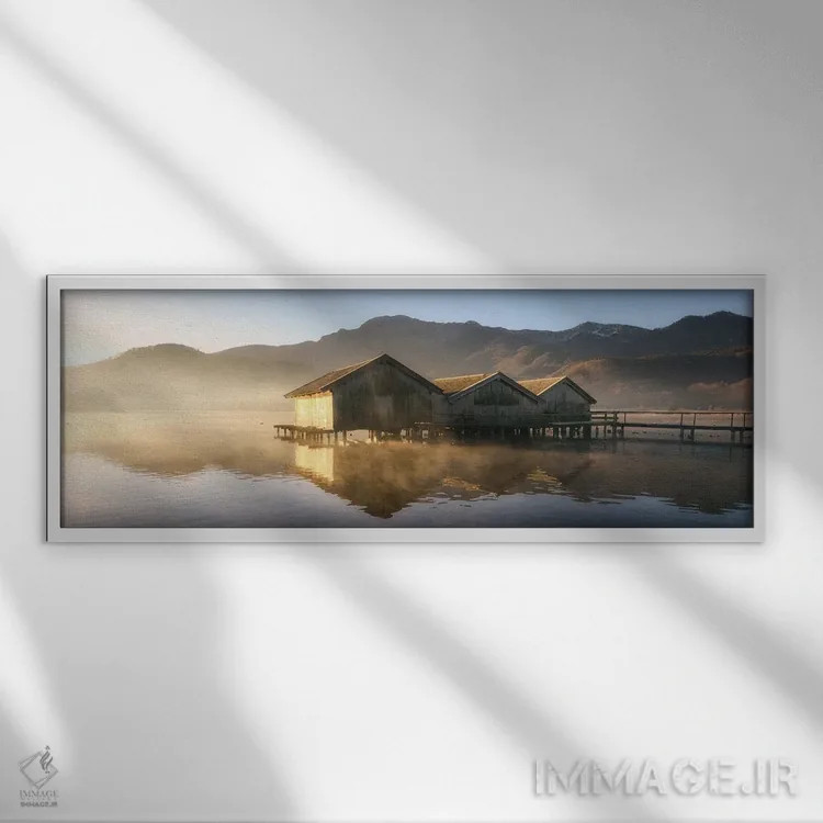 تابلو سه کلبه بر دریاچه کوچلزه (آلمان) اثر دنیل گاستاگر - نمای قابدار سفید