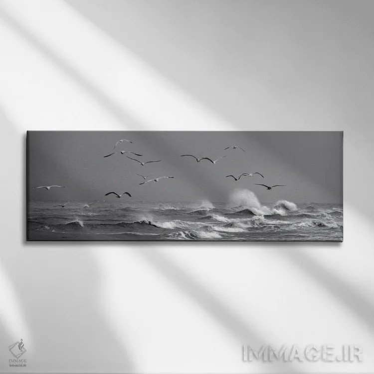 تابلو مرغان دریایی بالای امواج پرهیجان در دانمارک اثر دنیل گاستاگر - نمای روبهرو روی دیوار