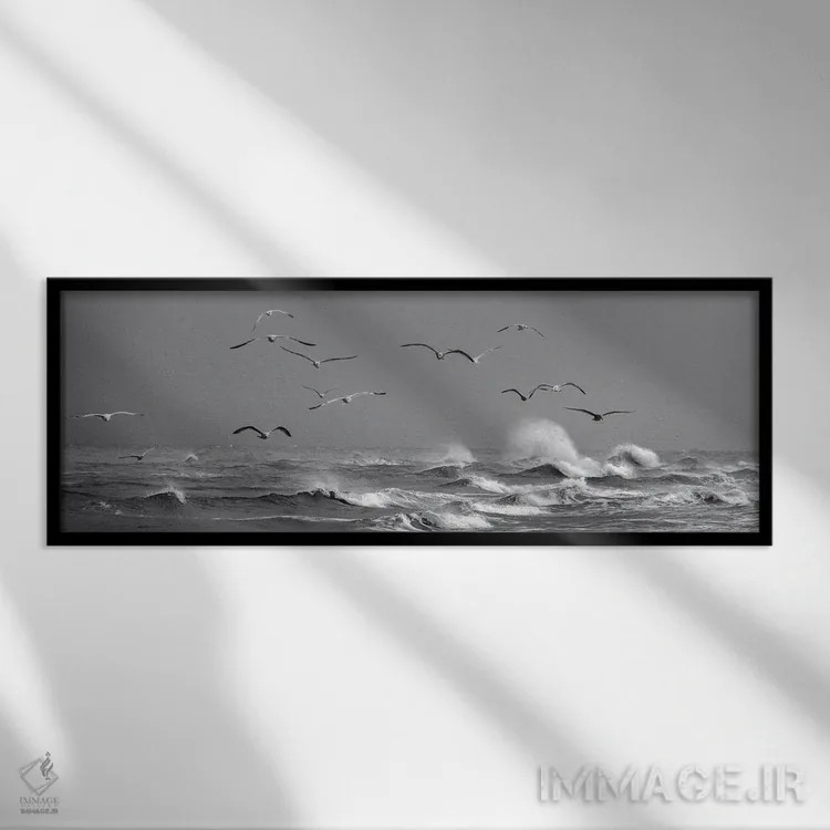 تابلو مرغان دریایی بالای امواج پرهیجان در دانمارک اثر دنیل گاستاگر - نمای قابدار مشکی