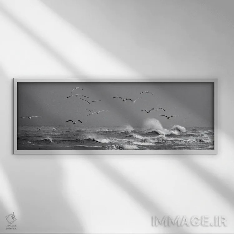تابلو مرغان دریایی بالای امواج پرهیجان در دانمارک اثر دنیل گاستاگر - نمای قابدار سفید