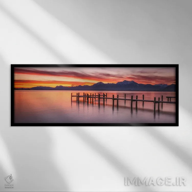 تابلو پانورامای طلوع قرمز در دریاچه کیمزه (بایرن) اثر دنیل گاستاگر - نمای قابدار مشکی