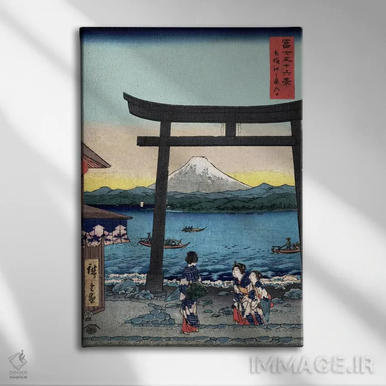 تابلو ورودی جزیره انوشیما (استان ساگامی) اثر اوتاگاوا هیروشگه (نقاش و چاپگر ژاپنی اوکییو-ئه) - نمای روبهرو روی دیوار