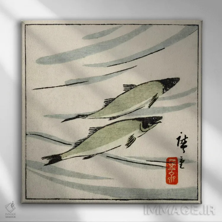 تابلو ماهی موتو (آیو) (قزلآلای رودخانه) اثر اوتاگاوا هیروشگه (نقاش و چاپگر ژاپنی اوکییو-ئه) - نمای روبهرو روی دیوار