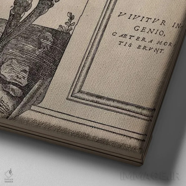 تابلو اسکلت ایستاده از اثر "ساختار بدن انسان" اثر وسالیوس (آندریاس وسالیوس - هنرمند و آناتومیست) - نمای نزدیک بافت بوم