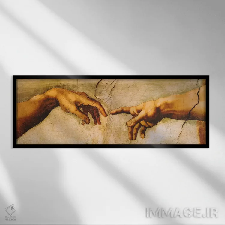 تابلو آفرینش آدم اثر میکلآنژ (هنرمند و مجسمهساز ایتالیایی دوره رنسانس) - نمای قابدار مشکی
