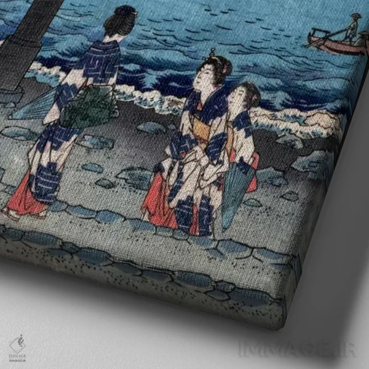 تابلو ورودی جزیره انوشیما (استان ساگامی) اثر اوتاگاوا هیروشگه (نقاش و چاپگر ژاپنی اوکییو-ئه) - نمای نزدیک بافت بوم