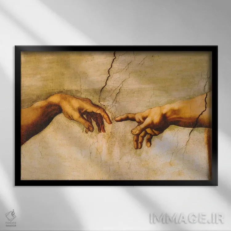 تابلو آفرینش آدم، حدود ۱۵۱۰ اثر میکلآنژ (هنرمند و مجسمهساز ایتالیایی دوره رنسانس) - نمای قابدار مشکی