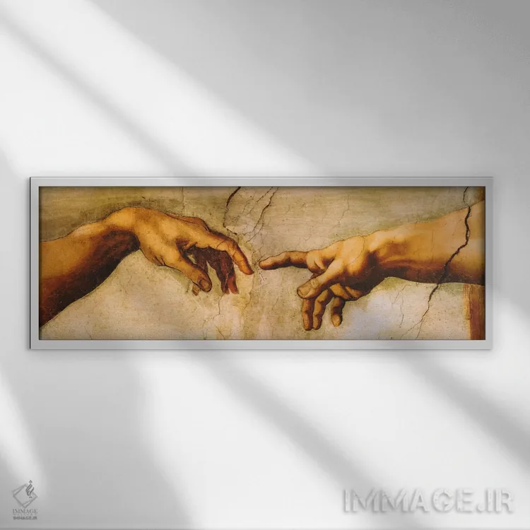 تابلو آفرینش آدم اثر میکلآنژ (هنرمند و مجسمهساز ایتالیایی دوره رنسانس) - نمای قابدار سفید