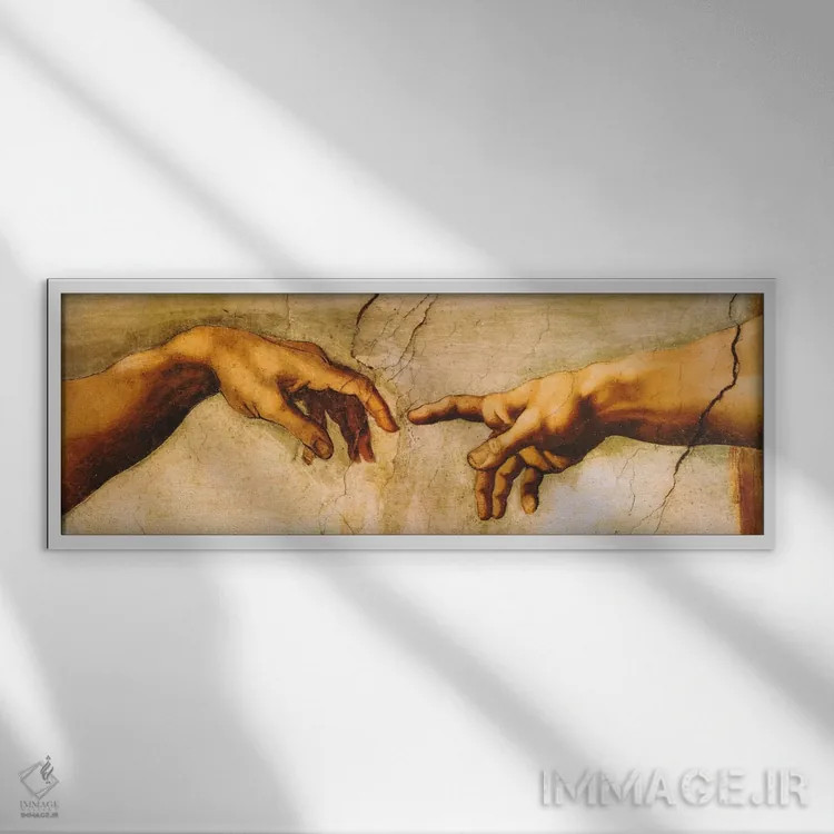تابلو آفرینش آدم اثر میکلآنژ (هنرمند و مجسمهساز ایتالیایی دوره رنسانس) - نمای قابدار سفید