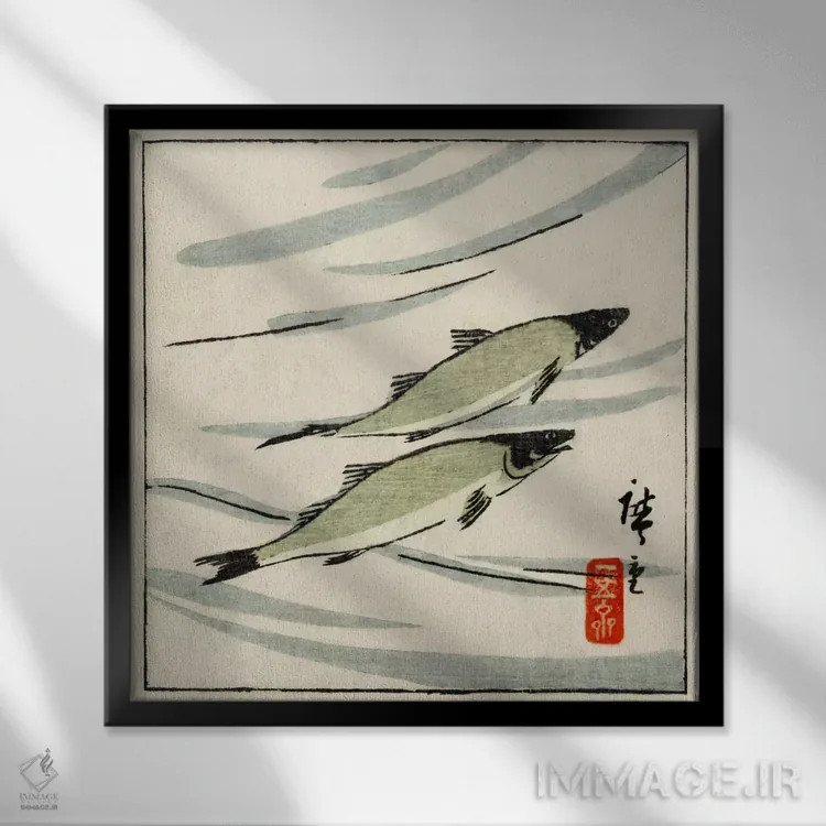تابلو ماهی موتو (آیو) (قزلآلای رودخانه) اثر اوتاگاوا هیروشگه (نقاش و چاپگر ژاپنی اوکییو-ئه) - نمای قابدار مشکی