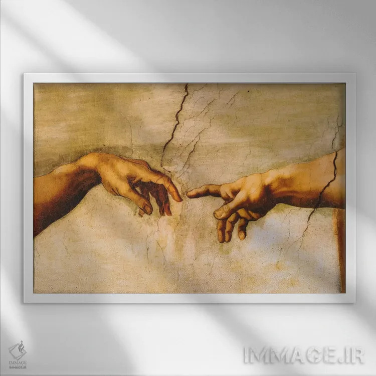 تابلو آفرینش آدم، حدود ۱۵۱۰ اثر میکلآنژ (هنرمند و مجسمهساز ایتالیایی دوره رنسانس) - نمای قابدار سفید