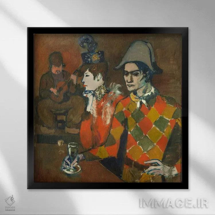 تابلو در کافهٔ لاپن آژیل (عنوان فرانسوی، میخانهٔ پاریسی) اثر پابلو پیکاسو - نمای قابدار مشکی