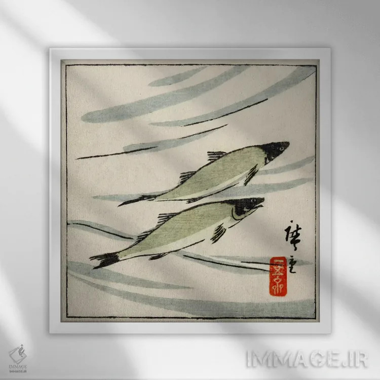 تابلو ماهی موتو (آیو) (قزلآلای رودخانه) اثر اوتاگاوا هیروشگه (نقاش و چاپگر ژاپنی اوکییو-ئه) - نمای قابدار سفید