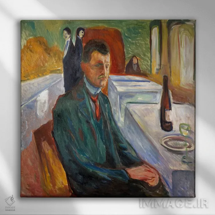 تابلو خودنگاره با بطری شراب، ۱۹۰۶ اثر ادوارد مونک (نقاش نروژی) - نمای روبهرو روی دیوار