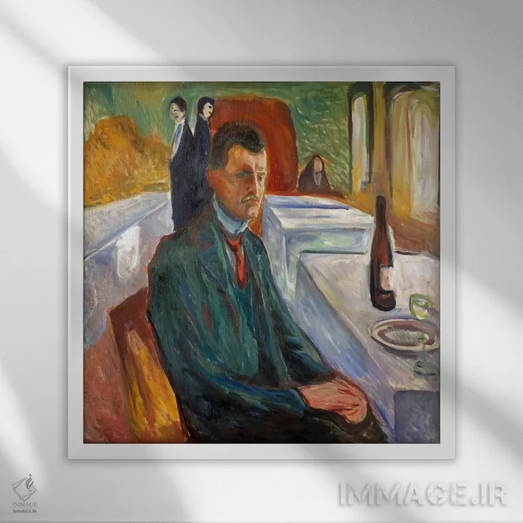 تابلو خودنگاره با بطری شراب، ۱۹۰۶ اثر ادوارد مونک (نقاش نروژی) - نمای قابدار سفید