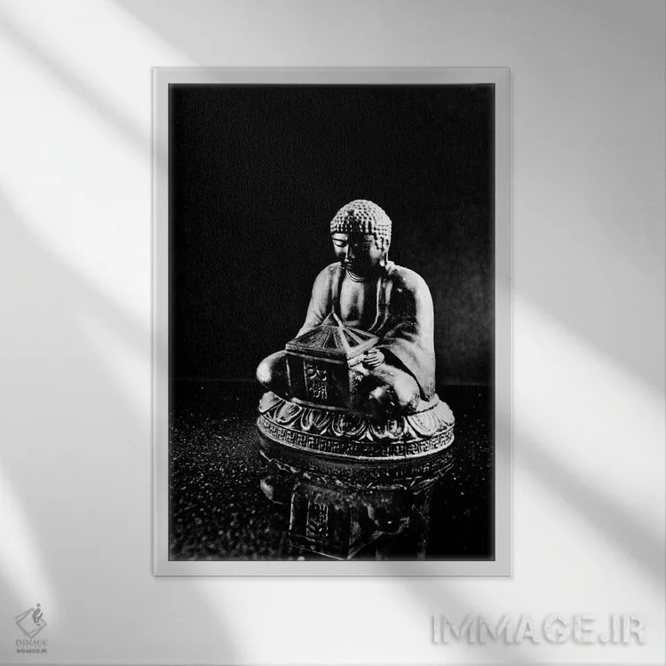 تابلو تندیس بودای سنگی اثر هنرمند ناشناس - نمای قابدار سفید