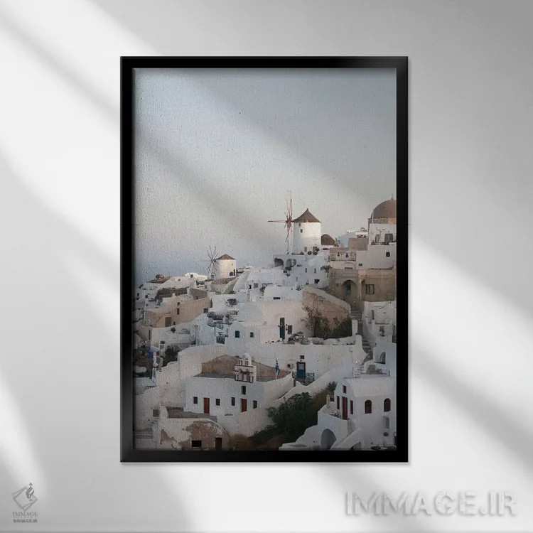 تابلو رویای غروب اویای سانتورینی II (محلهای در سانتورینی) اثر هنر آنیتا و بلا - نمای قابدار مشکی